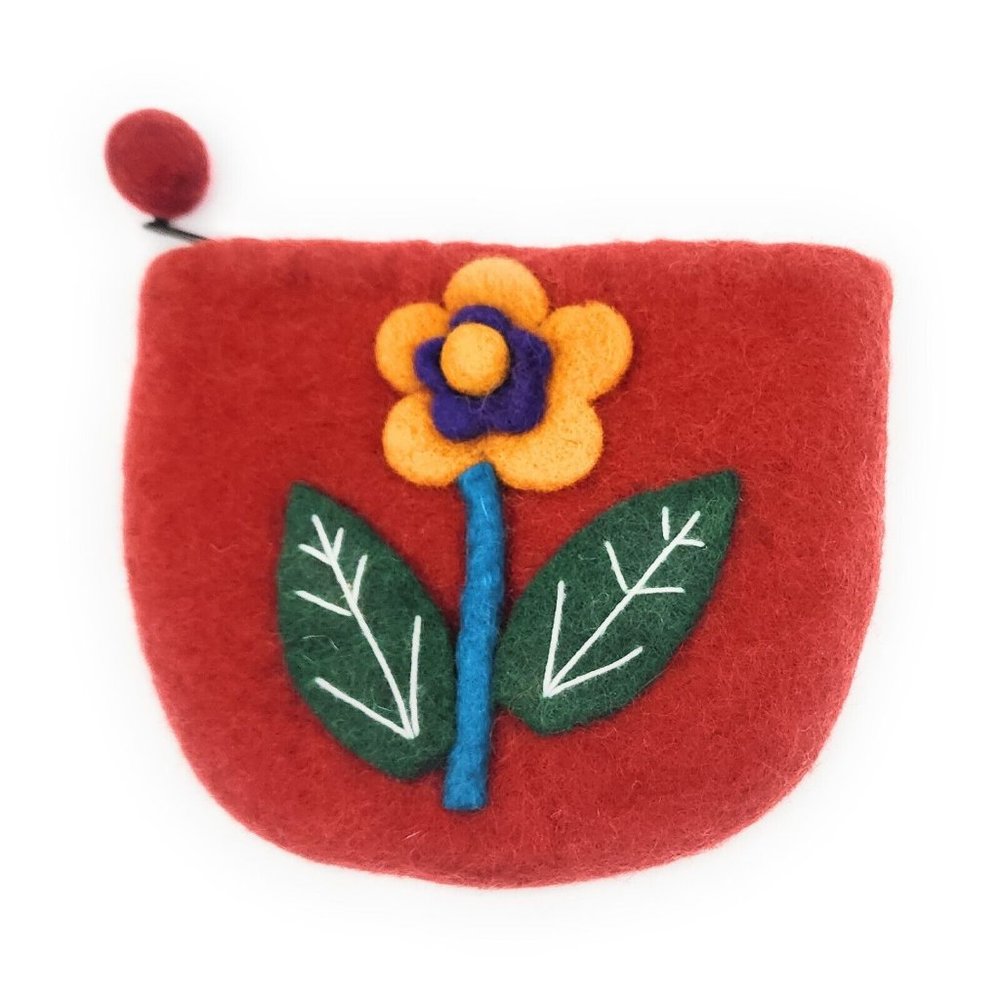 Handmade Wool Felt Coin Purse + Colorful Applique  + Zipper Close Made in Nepal